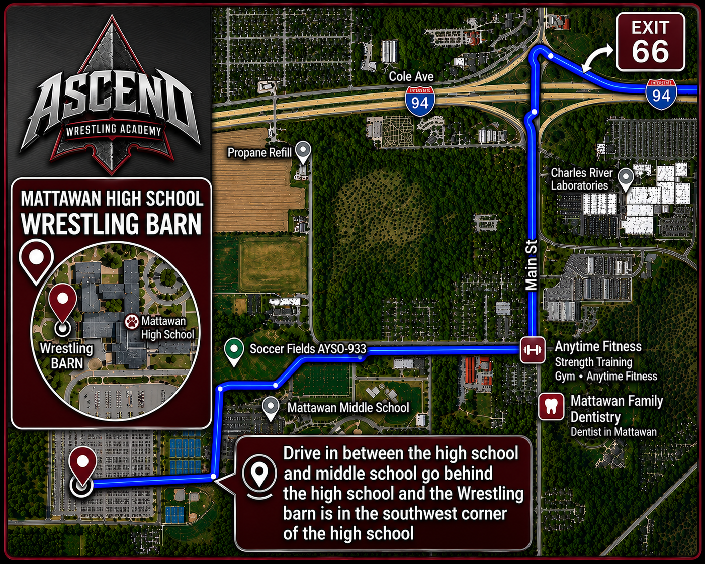 Map showing directions to the new Ascend Wrestling Academy location at the Mattawan High School Wrestling Barn